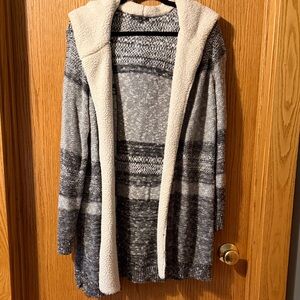 Hooded Open-Front Cardigan Sweater in Gray and Cream
